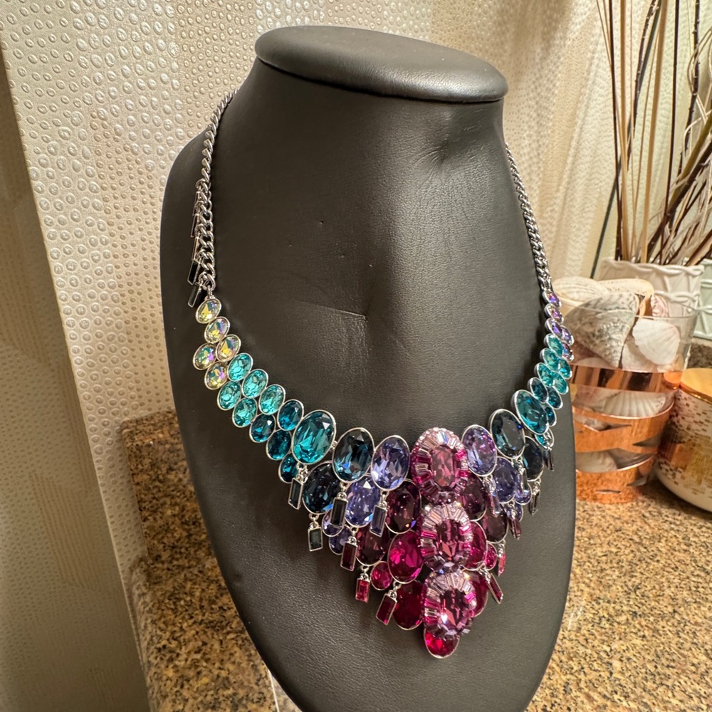 Swarovski Multicolor Statement Crystal Bib Necklace - Teal, Purple, Pink